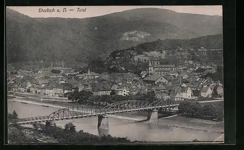 AK Eberbach a. N., Gesamtansicht mit Flusspartie und Brücke