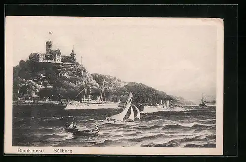 AK Hamburg-Blankenese, Süllberg von der Elbe aus gesehen, Dampfer und Segelboote