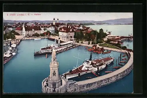 AK Lindau i. B., Hafen aus der Vogelschau, Dampfer an der Anlegestelle