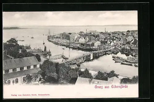 AK Eckernförde, Ortsansicht mit Brücke aus der Vogelschau