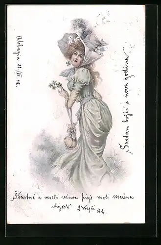 AK Elegante junge Dame beim Spaziergang, Jugendstil