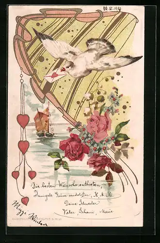 Präge-AK Taube hält einen Brief im Schnabel, Jugendstil