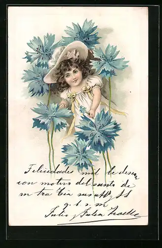 Präge-AK Mädchen blickt zwischen blauen Blüten hervor, Jugendstil