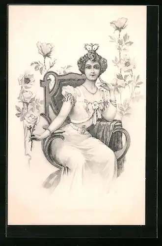 AK Hübsche Prinzessin sitzt in einem Sessel und hält eine Rose in der Hand, Jugendstil