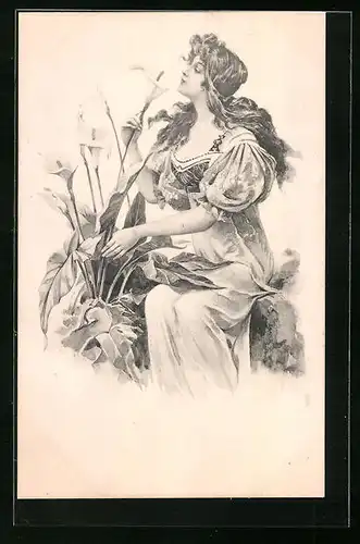 AK Mädchen riecht an einer Blume, Jugendstil