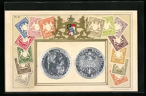 Präge-AK Briefmarken aus Bayern, Geldmünzen