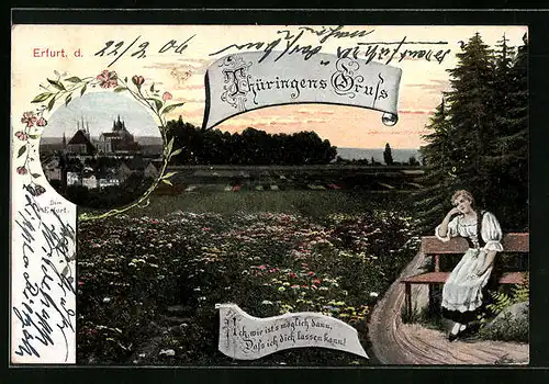 AK Erfurt /Thüringen, Dom, Frau an einer Blumenwiese