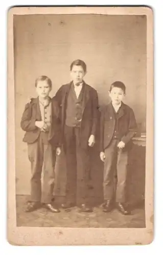 Fotografie F. Traeger, Coethen, Wall-Str. 16, drei junge Knaben in Anzügen posieren im Atelier