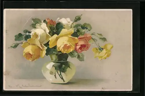 Künstler-AK Catharina Klein: Gelbe u. weisse Rosen in einer Vase