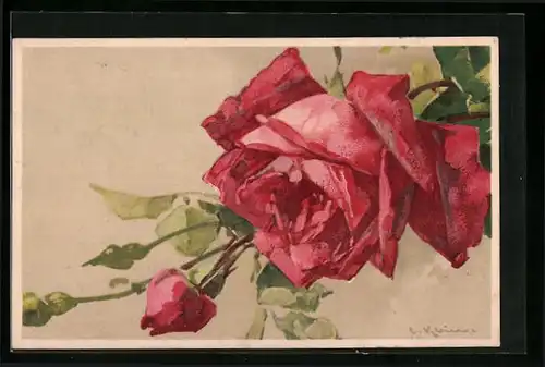 Künstler-AK Catharina Klein: Rote Rosen mit Knospen