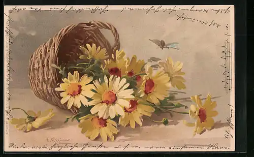 Künstler-AK Catharina Klein: Gelbe Blumen im umgekippten Korb