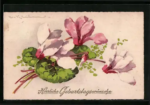Künstler-AK Catharina Klein: Weisse und rosafarbene Blumen, Geburtstagsgruss