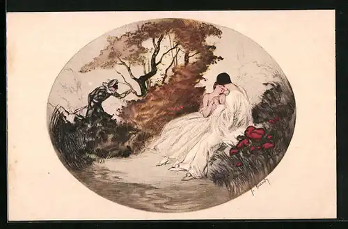 Künstler-AK J. Hardy: Mann mit Maske beobachtet Pierrot mit Frau