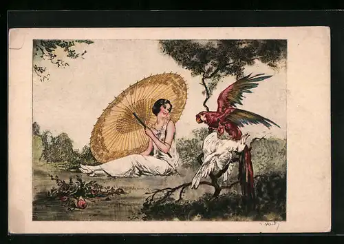 Künstler-AK J. Hardy: Fräulein mit Schirm und einem Papagei