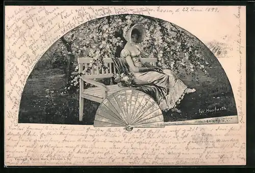Künstler-AK Oskar Herrfurth: Fräulein auf Bank sitzend bei Baumblüte im Fächer