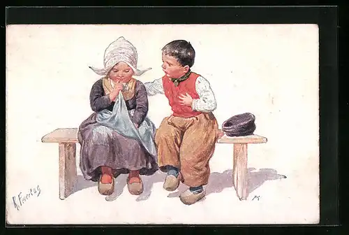 Künstler-AK Karl Feiertag: Holländisches Pärchen auf Bank sitzend