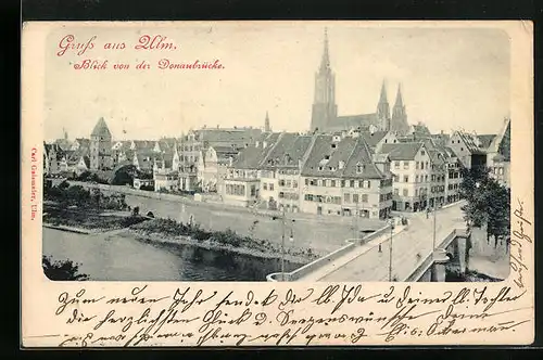 AK Ulm, Blick von der Donaubrücke mit Kirche