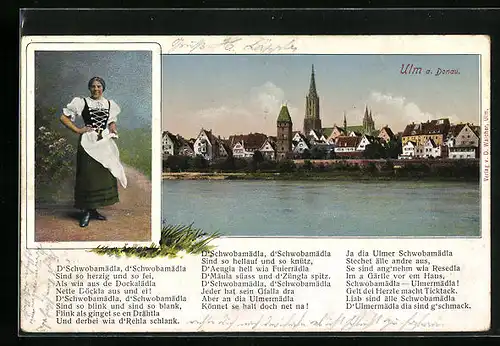 AK Ulm a. Donau, Uferpartie mit Kirche, Frau in Tracht