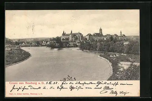 AK Neuburg a. D., Uferpartie mit Schloss