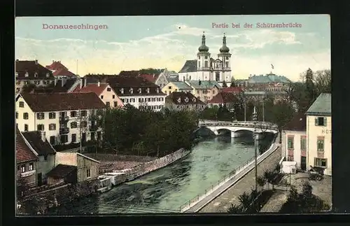 AK Donaueschingen, Partie bei der Schützenbrücke mit Hotel