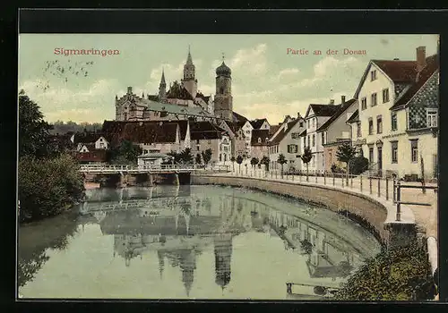 AK Sigmaringen, Partie an der Donau mit Blick zur Kirche