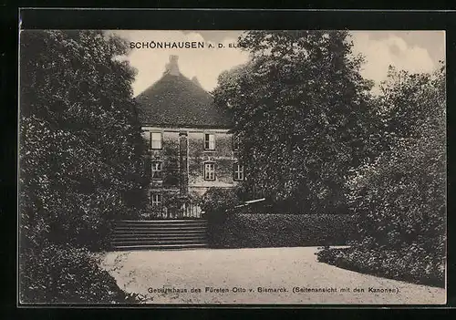 AK Schönhausen a. d. Elbe, Geburtshaus des Fürsten Otto v. Bismarck, Seitenansicht mit den Kanonen