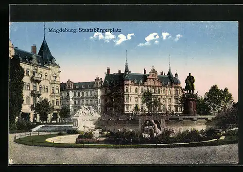 AK Magdeburg, Staatsbürgerplatz mit Denkmal