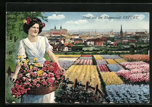 AK Erfurt, Frau vor Blumenbeeten und Teilansicht