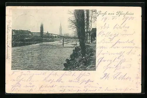 AK Pforzheim, Uferpartie mit Brücke