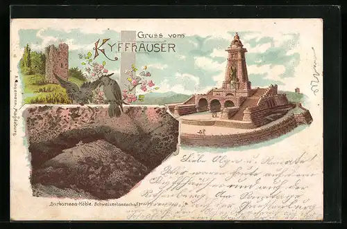 Lithographie Kyffhäuser, Kyffhäuserdenkmal, Turm, Barbarossahöhle Schweizerlandschaft
