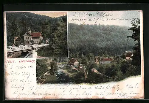 AK Treseburg /Harz, Bodebrücke und Kirche, Ortspartie