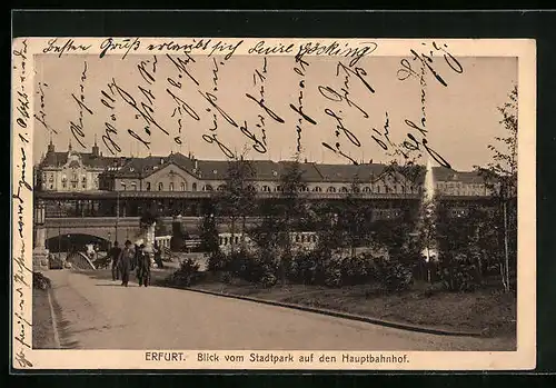 AK Erfurt, Blick vom Stadtpark auf den Hauptbahnhof