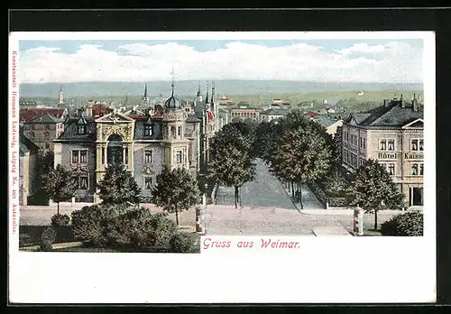 AK Weimar, Strassenpartie mit Hotel Kaiser und Litfasssäule