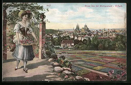 AK Erfurt, Frau mit Blumen vor Blumenbeeten und Teilansicht