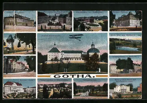 AK Gotha, Schloss-Hotel, Schloss Friedenstein mit Segelflugzeug, Orangengarten