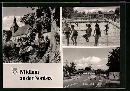 AK Midlum, Ortseinfahrt, Blick zur Kirche, Freibad