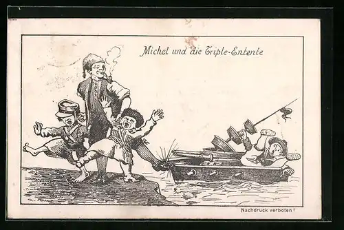 AK Der deutsche Michel zieht an den Ohren der Triple-Entente, Propaganda 1. Weltkrieg