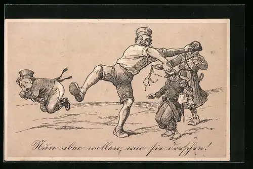 AK Der deutsche Michel verprügelt die feindlichen Nationen, Propaganda 1. Weltkrieg