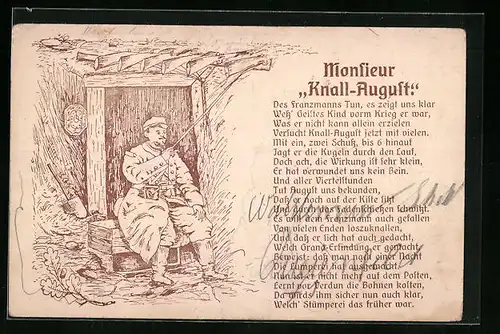 AK Französischer Soldat wird als Monsieur Knall-August verhöhnt, Propaganda 1. Weltkrieg