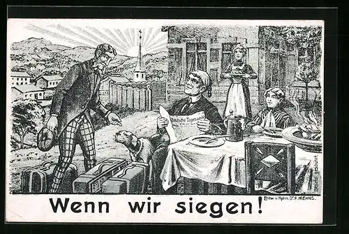 AK Der deutsche Michel sitzt am Frühstückstisch, Wenn wir siegen! Propaganda 1. Weltkrieg