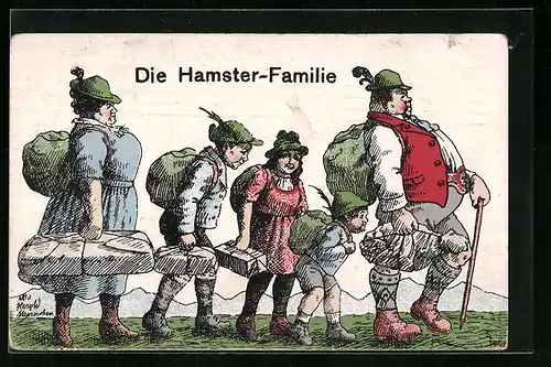 AK Familie unterwegs mit Rucksäcken und Paketen, Die Hamster-Familie, Kriegsnot