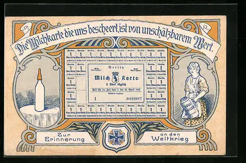AK Milchkarte zur Erinnerung an den Weltkrieg, Frau mit Milchkanne, Milchflasche, Kriegsnot