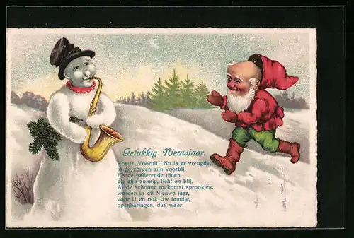 AK Zwerg entdeckt den Schneemann mit dem Saxophon, Gelukkig Nieuwjaar
