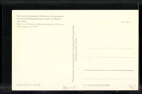 AK Moskau, Weltkongress der Frauen 1963, Die erste Kosmonautin Valentina Tereschkowa