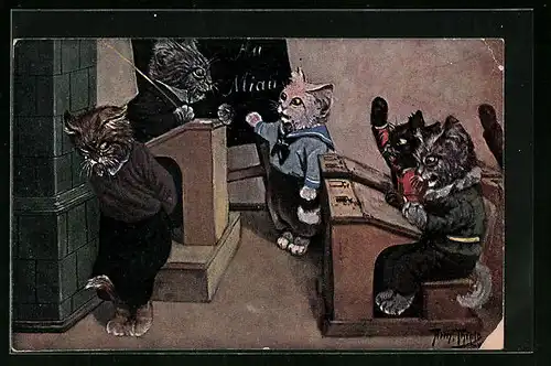 Künstler-AK Arthur Thiele: Katzen in der Schulstunde, vermenschlichte Tiere