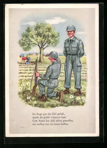 AK Bundeswehr-Soldat erblickt eine Bäuerin auf dem Feld