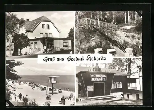 AK Ückeritz / Ostsee, Ratscafé, Aufgang vom Strand, Strandleben und Fischerhütte