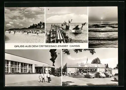 AK Zingst / Darss, FDGB-Erholungsheim Claus Stoertebeker, HO-Kaufhalle, Fischerstrand, Strandpartie