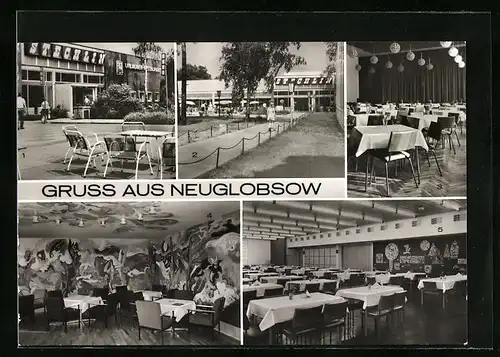 AK Neuglobsow, FDGB-Erholungsheim Stechlin mit Kultursaal, Speiseraum und Bar