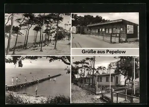 AK Pepelow, Strandpartie, Eingang zum Zeltplatz, Kinderferienlager des VEB Braunkohlenkombinat Bitterfeld